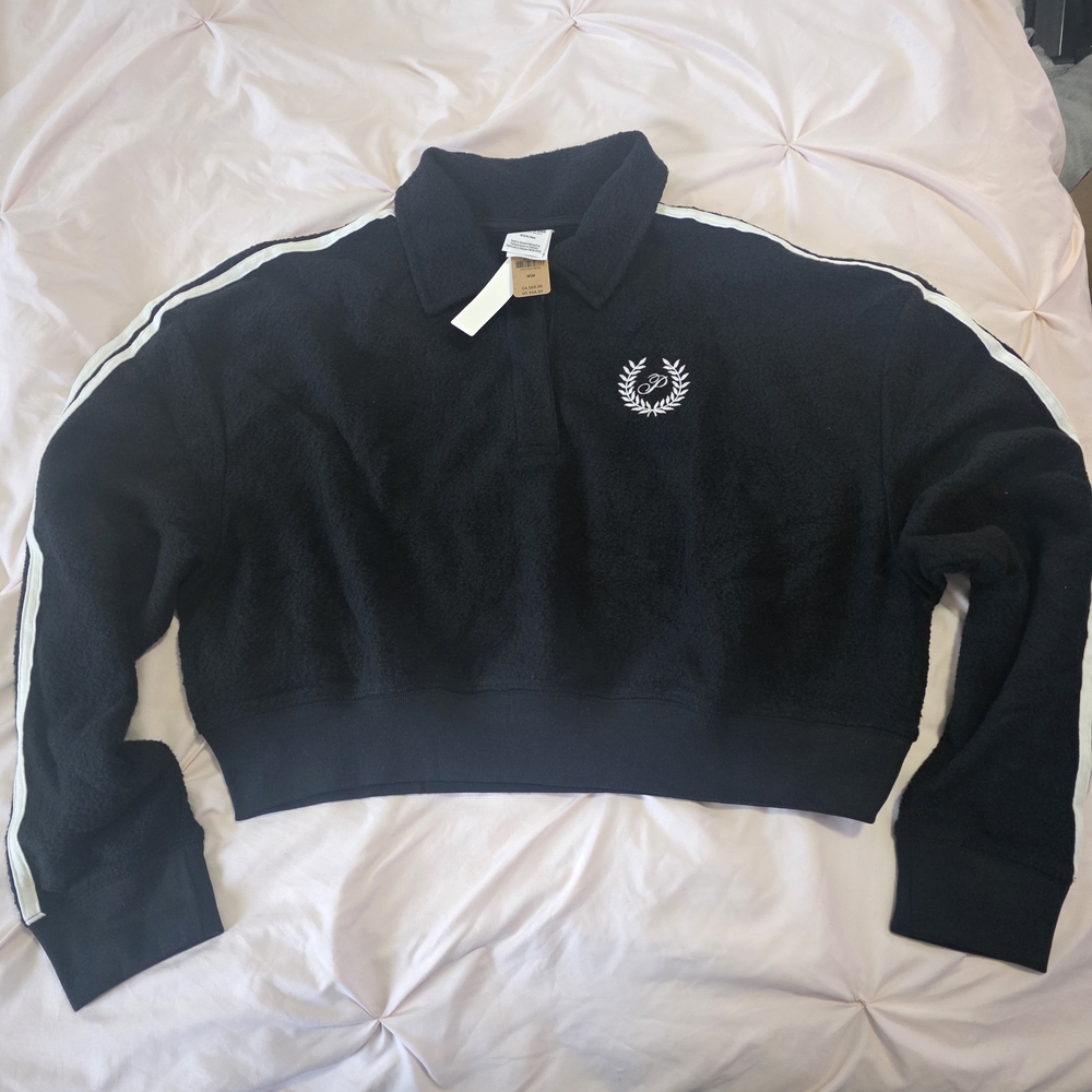 PINK Black Cropped Sweatshirt with White Stripes